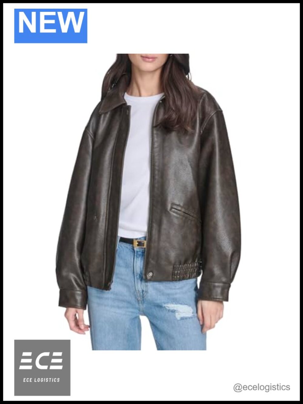 Faux Leather Relaxed Fit Bomber Jacket Zip Snap Puff Sleeve